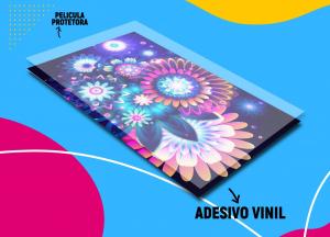Adesivo Laminado (lâmina de proteção por cima) Vinil branco brilho / vinil transparente  4/0  Sem Refile 