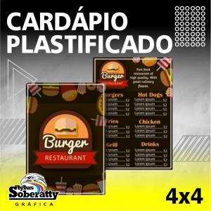 CARDÁPIO PLASTIFICADO A4 - 4/4 (fotográfico) PAPEL FOTOGRÁFICO + PLASTIFICAÇÃO A4 - 21x30 4X4   IMPRESSÃO FRENTE + VERSO