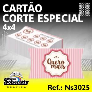 Cartão Corte Especial - 8,5x4,5cm - NS3025 Triplex 250g/m² 8,5x4,5CM 4X4 Verniz UV Frente 1/0 CORTE NAS DUAS LATERAIS 