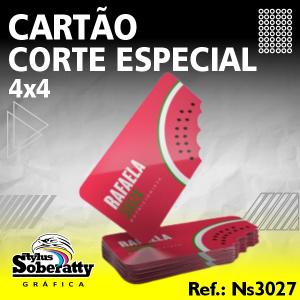 Cartão Corte Especial - 8,5x4,5cm - NS3027 Triplex 250g/m² 8,5X4,5CM 4X4 Verniz UV Frente 1/0 CORTE MORDIDA  - 1 CANTO INFERIOR 